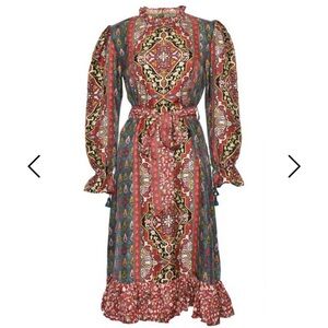 D’ascoli orion dress red 100% silk L ruffle neck designer dress